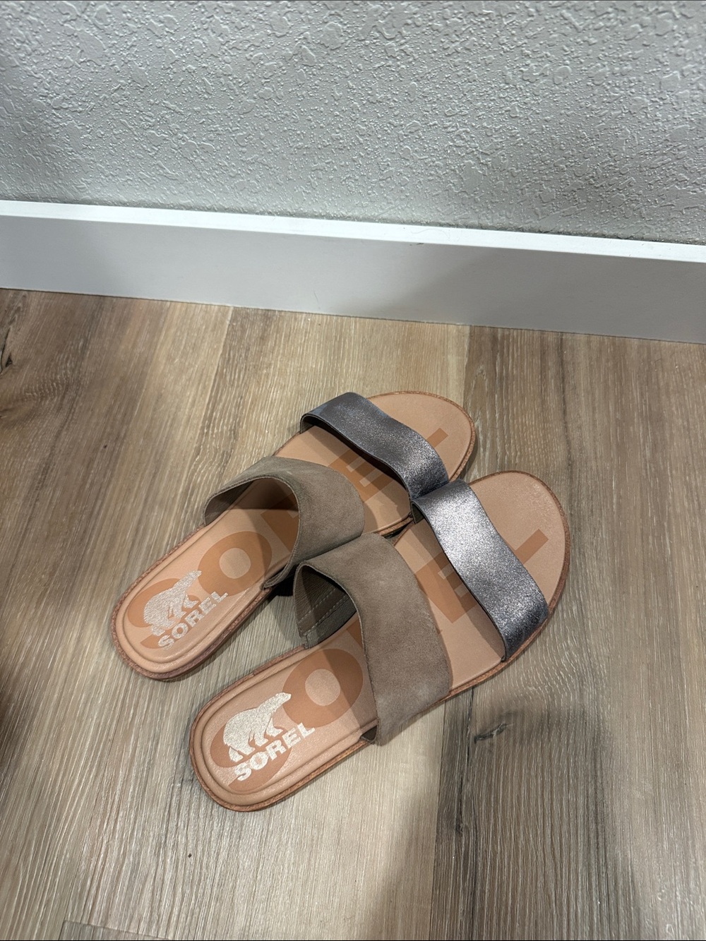 Sorel Women's Dual-Strap Slides in Taupe and Metallic Silver